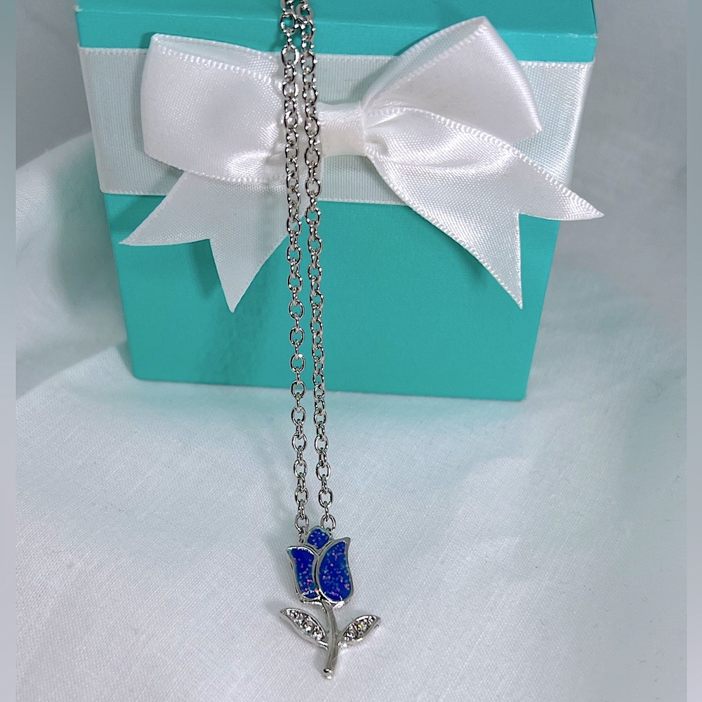 Blue Glitter Sparkle Tulip Flower Floral Necklace Deadstock NEW Minimalist